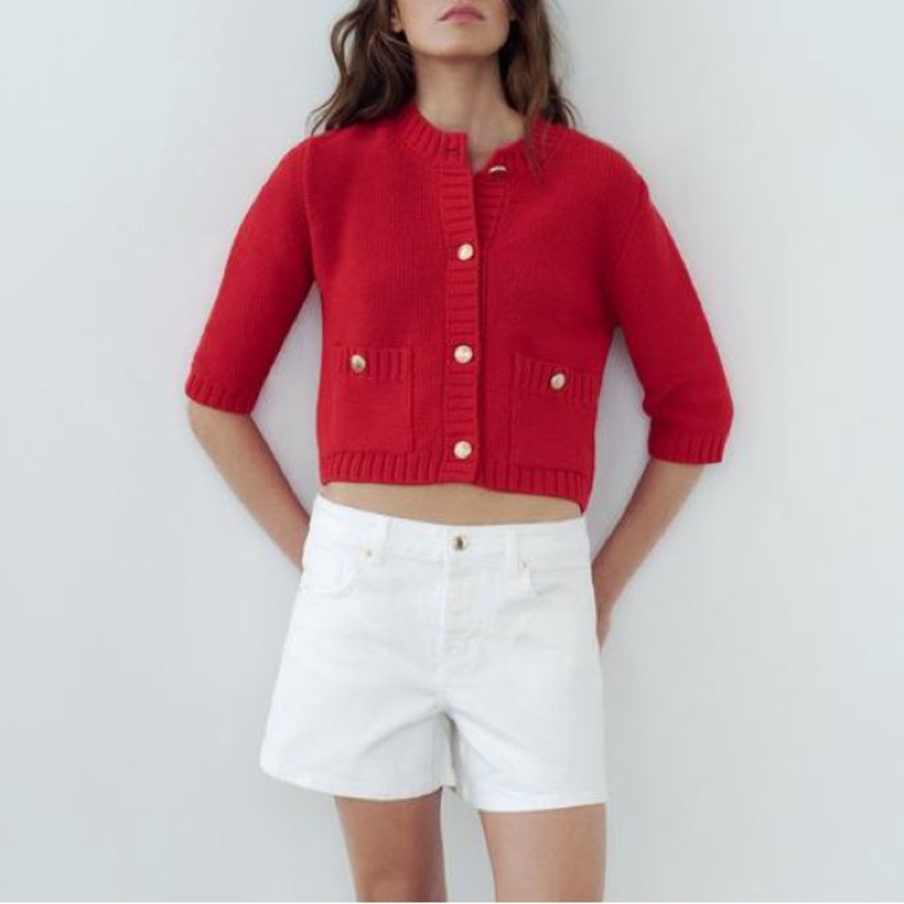 Zara Knit Pocket Cardigan Size Small Red Chunky Crop Sweater Holidays